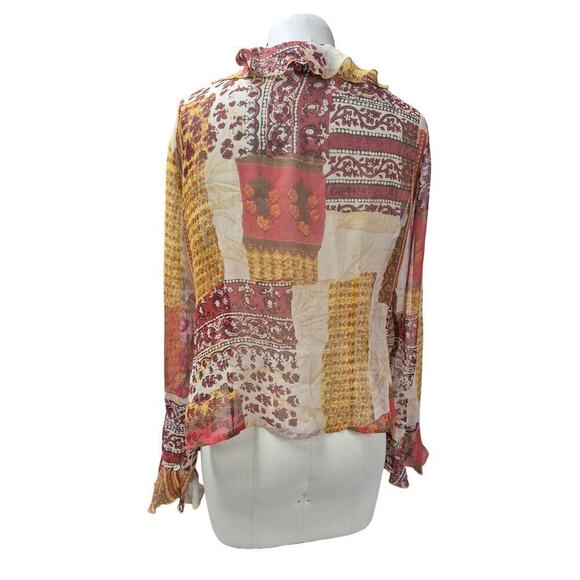 Tess Studio 100% Silk Sheer Blouse & Camisole Gold Red Print  Ruffle Neck Sz 10 - Picture 3 of 10